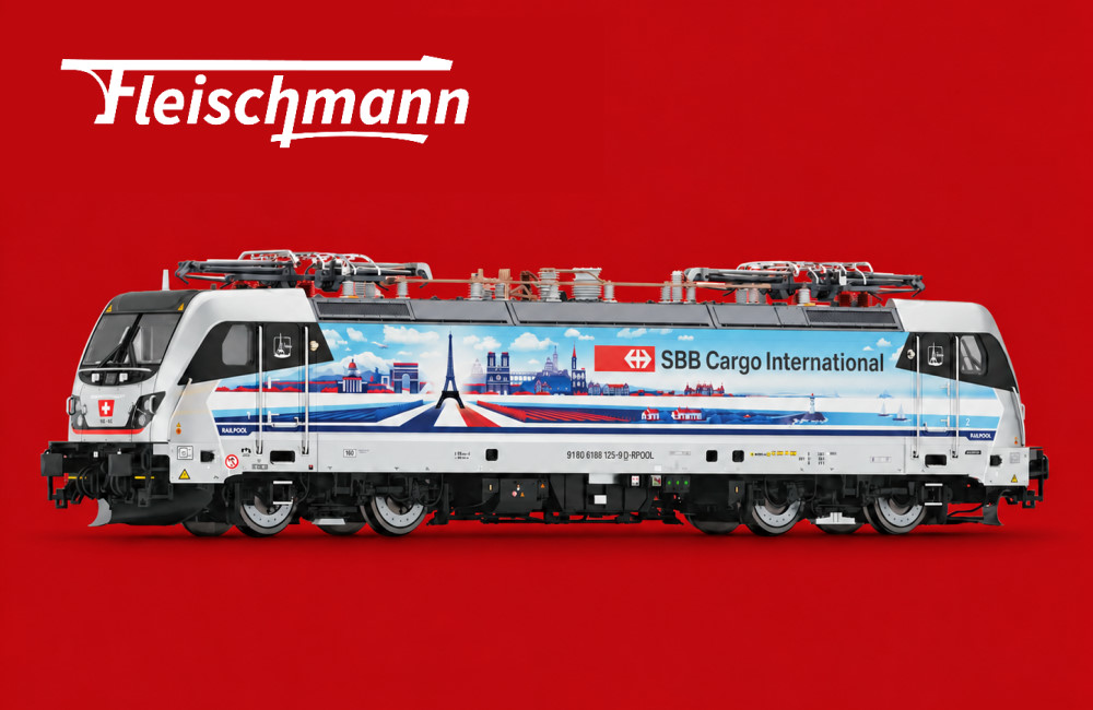 Fleischmann SBB Cargo International Lokomotive vor rotem Hintergrund