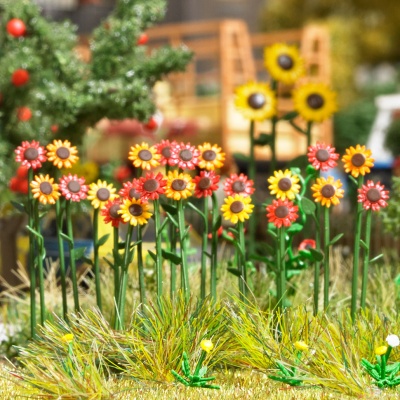 BUSCH 1290 H0 Rote/Bunte Sonnenblumen, Fertigmodell 