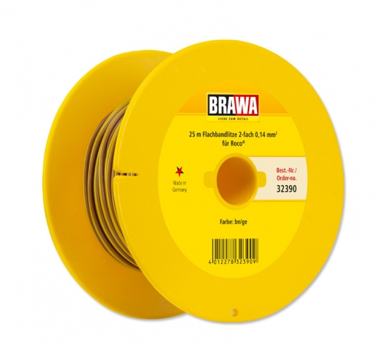 BRAWA 32390 Flachbandlitze Zweiadrig, 0,14 mm², 25 m Spule, braun/gelb