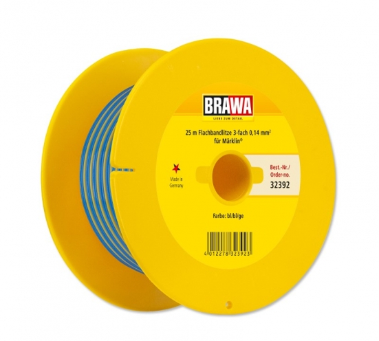 BRAWA 32392 Flachbandlitze Dreiadrig, 0,14 mm², 25 m Spule, blau/blau/gelb