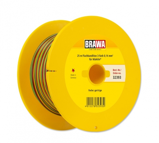 BRAWA 32393 Flachbandlitze Dreiadrig, 0,14 mm², 25 m Spule, gelb/rot/grün