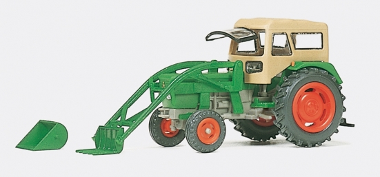 Preiser 17923 H0 Ackerschlepper DEUTZ D 6206 mit BAAS-Lader und FRITZ-MEIER Verdeck (Fertigmodell)