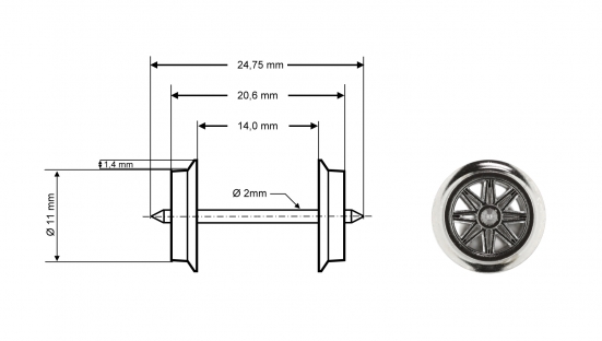 Preview: Roco 40181 H0 Radsatz AC, Ø 11 mm, Länge 24,75 mm (2er-Set)