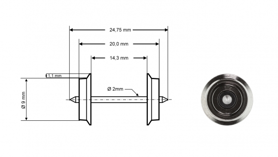 Preview: Roco 40194 H0 Radsatz DC, Ø 9 mm, Länge 24,75 mm (2er-Set)