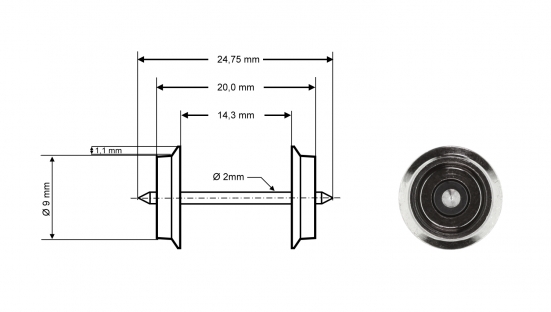 Preview: Roco 40197 H0 Radsatz DC, Ø 9 mm, Länge 24,75 mm (2er-Set)