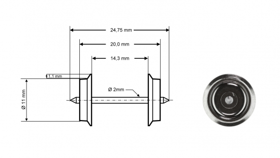 Preview: Roco 40198 H0 Radsatz DC, Ø 11 mm, Länge 24,75 mm (2er-Set)