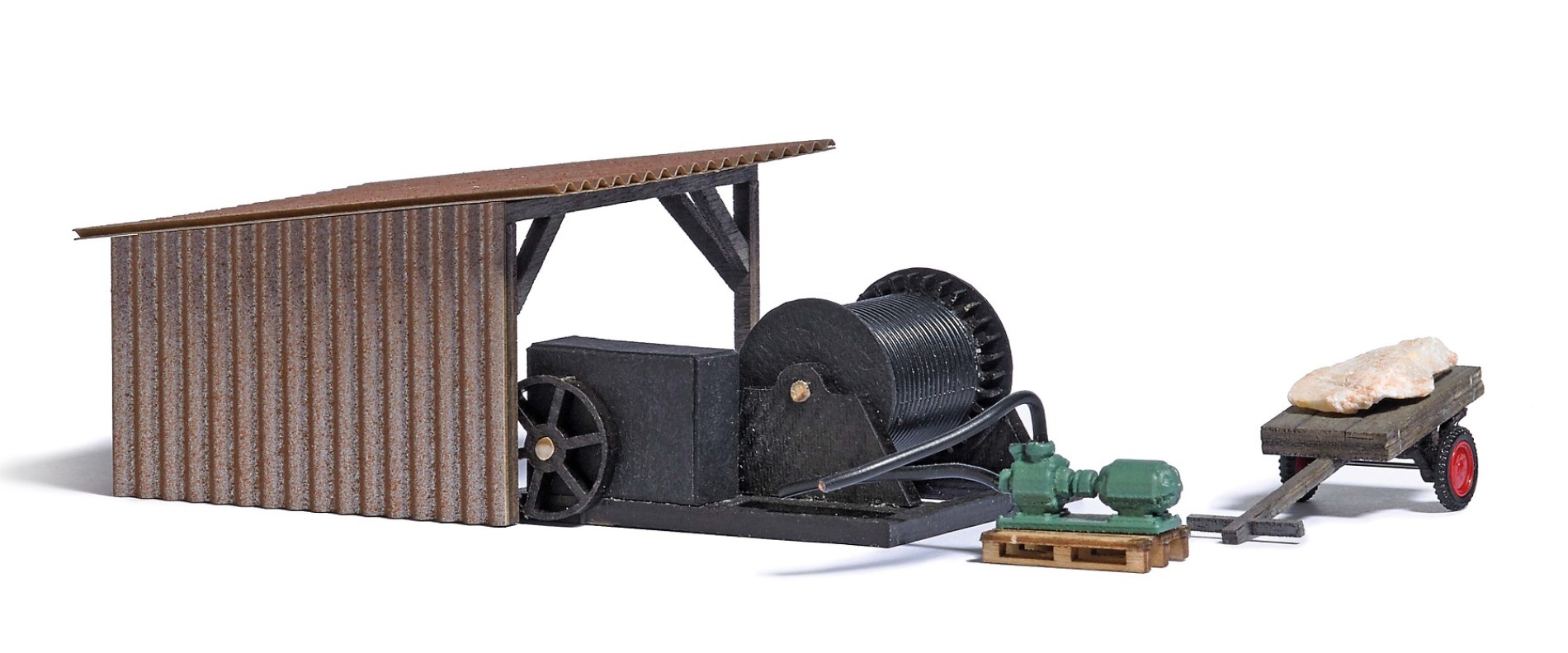 BUSCH 1977 H0 Unterstand, Wasserpumpe, Seilwinde und Wagen 