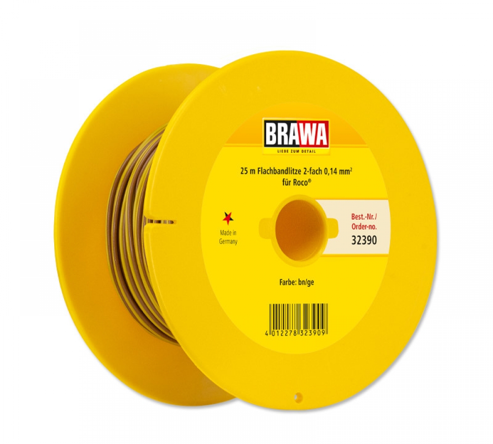 BRAWA 32390 Flachbandlitze Zweiadrig, 0,14 mm², 25 m Spule, braun/gelb