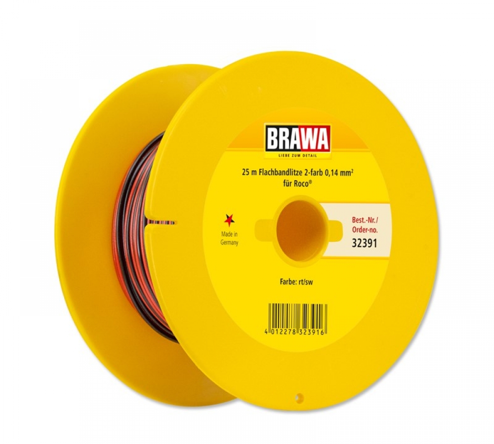 BRAWA 32391 Flachbandlitze Zweiadrig, 0,14 mm², 25 m Spule, rot/schwarz
