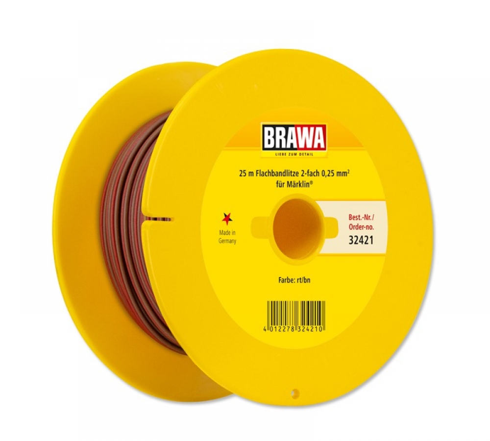BRAWA 32421 Flachbandlitze für digitalen Einsatz, Zweiadrig, 0,25 mm², 25 m Spule, rot/braun