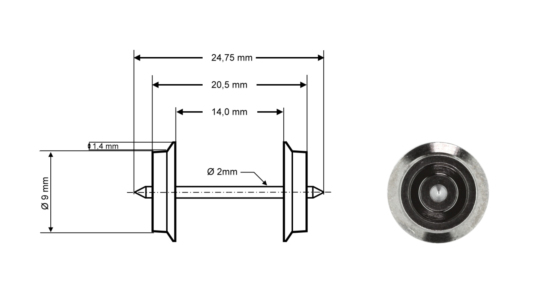 Roco 40195 H0 Radsatz AC, Ø 9 mm, Länge 24,75 mm (2er-Set) 