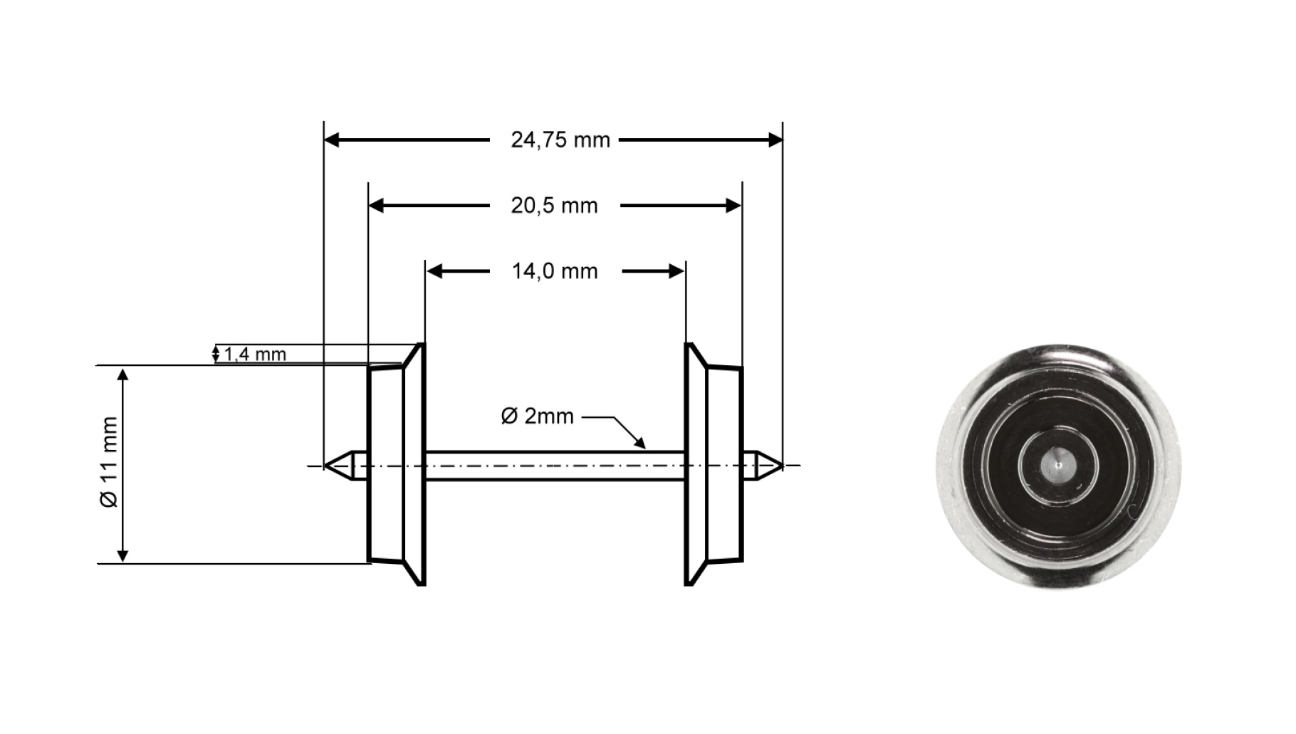 Roco 40196 H0 Radsatz AC, Ø 11 mm, Länge 24,75 mm (2er-Set) Modelleisenbahn